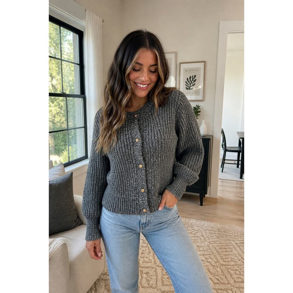 Rachel Zoe Cardigan Sweater M Chunky Knit Gray Gold Button Crop Wool Blend Cozy